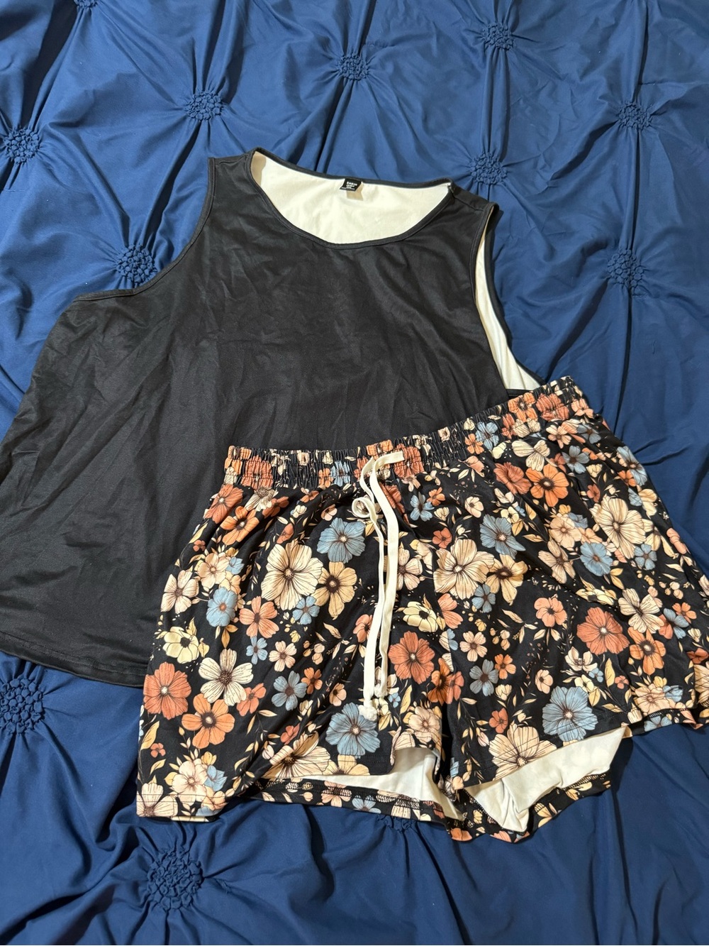 SHEIN Black Tank Top with Floral Lounge Shorts